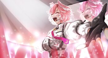 1girl black_gloves breasts closed_eyes commentary_request fingerless_gloves gloves hair_between_eyes head_wings headset highres hololive large_breasts long_sleeves music necktie open_mouth outstretched_arm pink_hair pink_necktie ringo_21_a shirt short_hair singing smile takane_lui takane_lui_(1st_costume) upper_body virtual_youtuber white_shirt wings