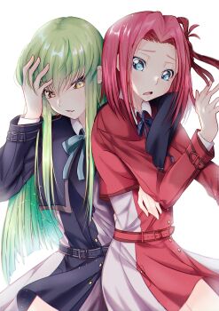 2girls absurdres arm_around_neck arm_around_waist belt black_belt blue_belt blue_dress blue_eyes blue_ribbon budgiepon c.c. code_geass collared_shirt commentary_request cosplay cowboy_shot dress frown green_hair green_ribbon grey_dress hair_between_eyes hair_ribbon hand_on_own_forehead hand_on_own_head hand_up highres hug inoue_takina inoue_takina_(cosplay) kouzuki_kallen long_hair long_sleeves looking_at_viewer lycoris_recoil lycoris_uniform medium_hair multiple_girls neck_ribbon nishikigi_chisato nishikigi_chisato_(cosplay) open_mouth parted_bangs pleated_dress raised_eyebrows red_belt red_dress red_hair red_ribbon ribbon shirt sidelocks simple_background smug straight_hair two-tone_dress v-shaped_eyebrows very_long_hair white_background white_shirt yellow_eyes