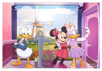 1boy 2girls bow couple daisy_duck disney donald_duck dress duck_boy duck_girl furry furry_female furry_male furry_with_furry hetero mickey_mouse_&amp;_friends minnie_mouse multiple_girls open_mouth pink_bow purple_dress purple_eyes shirt smile takatmaorange