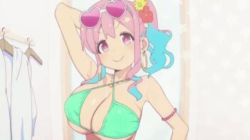 animated animated_gif anime_screenshot arm_behind_head arm_up armpits bikini blue_hair bouncing_breasts breasts earrings flower green_bikini hair_flower hair_ornament hozuki_kaede huge_breasts jewelry looking_at_viewer multicolored_hair onii-chan_wa_oshimai! open_mouth pink_eyes pink_hair smile sunglasses sunglasses_on_head swimsuit two-tone_hair