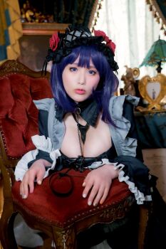 1girl breasts cosplay female_focus headband highres japanese_(nationality) large_breasts looking_at_viewer model photo_(medium) purple_hair real_life shibuya_kaho sitting solo sono_bisque_doll_wa_koi_wo_suru thighhighs wig