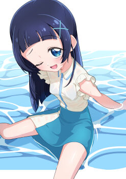 1girl ;d aokaze_nana arched_bangs arm_support bare_legs blue_bra blue_eyes blue_hair blue_skirt blue_trim blush bra breasts collared_shirt commentary diamond-shaped_pupils diamond_(shape) feet_out_of_frame frilled_shirt frills hair_ornament highres kimi_to_idol_precure legs_apart long_hair looking_at_viewer one_eye_closed open_mouth pleated_skirt precure raised_eyebrow see-through_clothes shirt short_sleeves simple_background sitting sitting_on_water skirt small_breasts smile solo symbol-shaped_pupils tiler_(tiler00) underwear wading wet wet_clothes wet_shirt white_background white_shirt x_hair_ornament