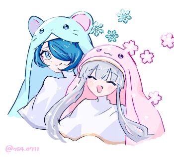 Rule 34 | 2girls, blue eyes, blue hair, blush, closed eyes, digimon, digimon (creature), dress, grey hair, hair over one eye, highres, multiple girls, nagoshi, nun, simple background, sistermon blanc, sistermon ciel, twitter username, upper body, white background, white dress