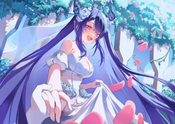 asymmetrical_horns blue_flower blue_rose breasts bridal_veil choker cleavage demon_horns detached_sleeves dress flower garden heart heart-shaped_pupils highres holding_hands hololive hololive_english horn_flower horns insfidelie lace lace-trimmed_dress lace_trim large_breasts nerissa_ravencroft oyomeholic_(nerissa_ravencroft) petals pink_petals puffy_detached_sleeves puffy_sleeves rose skirt_hold symbol-shaped_pupils uneven_horns veil virtual_youtuber wedding_dress white_choker