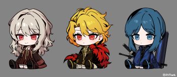 1boy 2girls absurdres bari_(project_moon) black_coat black_shoes blue_eyes blue_jacket brown_jacket cape closed_mouth coat coat_on_shoulders commentary_request don_quixote_(project_moon) fur_cape grey_background highres jacket korean_commentary la_manchaland's_don_quixote_(project_moon) limbus_company long_hair multiple_girls parted_bangs project_moon r4fheath red_cape red_eyes red_jacket sancho_(project_moon) shoes simple_background sitting smile sword sword_on_back wavy_hair weapon weapon_on_back white_hair