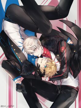 2boys ahoge aqua_eyes arthur_pendragon_(fate) arthur_pendragon_(star_of_camelot)_(fate) arthur_pendragon_alter_(fate) artist_name black_gloves black_jacket black_pants blonde_hair blue_shirt commentary dual_persona earrings emblem english_commentary fate/grand_order fate_(series) feet_out_of_frame floating_clothes fur-trimmed_jacket fur_trim gloves gold_ring hair_between_eyes hand_on_another&#039;s_face jacket jewelry lapels long_sleeves looking_at_viewer male_focus mandarin_collar multiple_boys official_alternate_costume one_eye_closed open_clothes open_jacket pants pink_background pvc_parfait red_shirt shirt short_hair simple_background smile striped_background teeth two-tone_background vest white_background white_hair white_vest yellow_eyes