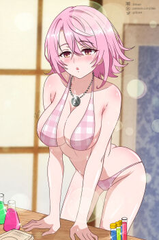 1girl absurdres armpit_crease ass bikini blush breasts butt_crack checkered_bikini checkered_clothes cleavage full-face_blush groin hair_between_eyes highres jewelry large_breasts leaning_on_table lens_flare looking_ahead nageki_no_bourei_wa_intaishitai necklace open_mouth pink_bikini pink_eyes pink_hair potion short_hair signature sitri_smart solo sparkle swimsuit twobless vial