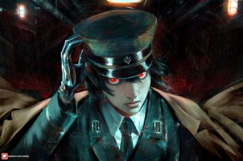Rule 34 | 1boy, artist name, black gloves, black hair, black hat, black jacket, black necktie, collared shirt, commentary, english commentary, gloves, hair between eyes, hat, highres, jacket, looking at viewer, male focus, military hat, military jacket, military uniform, necktie, patreon username, red eyes, sebijy, shirt, solo, spy x family, upper body, white shirt, yuri briar