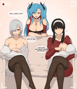 1futa 4girls after_vaginal aftersex akeno(itsnafulol) baby baby_carry black_eyes black_hair blue_hair blush breast_sucking breastfeeding carrying choker clothing_cutout couch crop_top dialogue_box fiona_frost futa_with_female futanari grey_hair hair_ornament hair_ribbon heart_cutout highres louisesait medium_hair mother_and_daughter multiple_girls netorare one_breast_out pantyhose purple_eyes recording red_sweater ribbon sitting smile spy_x_family sweater twintails yor_briar
