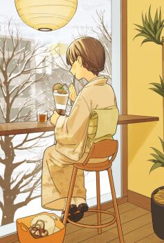 1girl bare_tree basket braid brown_hair closed_eyes commentary_request cup eating food from_behind full_body highres holding holding_spoon indoors japanese_clothes kimono lantern long_sleeves matsumine_(twin-mix) okobo original paper_lantern parfait platform_sandals sandals sitting slice_of_life smile snow snow_on_tree snowing solo spoon tree window