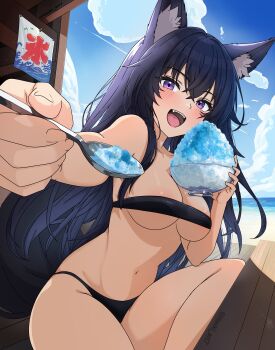 1girl absurdres animal_ears beach black_hair black_panties blush breasts commentary_request delta_(kagejitsu) food highres holding holding_spoon ice_cream itsuki_art7 kage_no_jitsuryokusha_ni_naritakute! large_breasts long_hair looking_at_viewer navel ocean open_mouth panties purple_eyes sitting spoon stomach tail tongue underwear wolf_ears wolf_girl wolf_tail