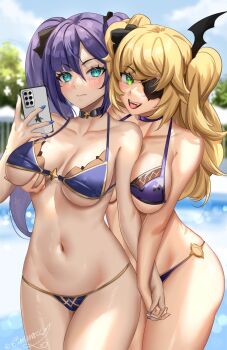 2girls aqua_eyes bikini blonde_hair blush breasts cellphone choker commentary covered_erect_nipples day english_commentary enma_(enmanuelart) eyepatch fangs fischl_(genshin_impact) genshin_impact grabbing_another's_breast green_eyes groping highres holding_hands interlocked_fingers long_hair looking_at_viewer medium_breasts mona_(genshin_impact) multiple_girls nail_polish navel open_mouth outdoors phone purple_hair signature smartphone smile swimsuit twintails two_side_up underboob yuri
