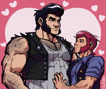 2boys bara black_hair blush brawl_stars bull_(brawl_stars) cheekbones colt_(brawl_stars) cross_scar eye_contact face_piercing facial_hair hairy hand_on_another&#039;s_stomach heart heart_background kako_(thokako) large_pectorals looking_at_another male_focus mature_male multiple_boys muscular muscular_male mutton_chops nose_piercing nose_ring pectorals piercing pink_background pompadour scar scar_on_chin scar_on_face short_hair size_difference standing tank_top thick_arm_hair thick_chest_hair thick_eyebrows torn_clothes torn_sleeves upper_body white_tank_top yaoi