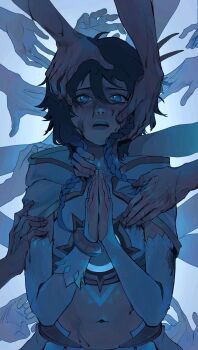 1boy black_hair blood blood_on_clothes blood_on_face blue_eyes blue_hair bridal_gauntlets chest_tattoo crop_top disembodied_hand genshin_impact highres hood hood_down kallynnekmi male_focus midriff navel open_mouth own_hands_clasped own_hands_together people praying reaching reaching_towards_another sad simple_background solo_focus tattoo venti_(archon)_(genshin_impact) venti_(genshin_impact) white_background white_bridal_gauntlets white_hood