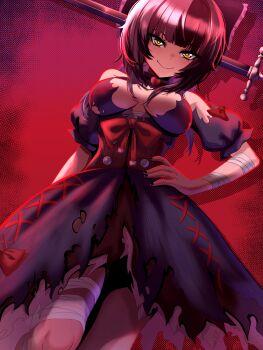 1girl absurdres amaterasu_(amaterasu1) bandaged_arm bandaged_leg bandages black_dress black_hair black_nails bow breasts closed_mouth dress grey_hair highres hololive hololive_english hololive_indonesia kureiji_ollie kureiji_ollie_(1st_costume) large_breasts long_hair looking_at_viewer multicolored_hair object_through_head red_bow shiori_novella smile solo split-color_hair sword_in_head torn_clothes torn_dress two-tone_hair virtual_youtuber yellow_eyes