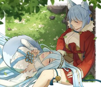 2girls alternate_hair_color animal_ears azura_(fire_emblem) blue_hair blush breasts brushing_hair closed_eyes commission commissioner_upload elbow_gloves fang fingerless_gloves fire_emblem fire_emblem_fates fox_ears fox_girl fox_tail fur-trimmed_jacket fur-trimmed_kimono fur_trim gloves hair_between_eyes hair_brush happy headdress highres holding holding_brush jacket japanese_clothes kimono kitsune leaf long_hair lying lying_on_lap mother_and_daughter multiple_girls nintendo on_back open_mouth outdoors selkie_(fire_emblem) sitting small_breasts tail thigh_strap thighs tree very_long_hair witchi