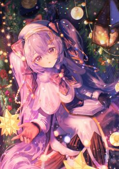 1girl :o black_gloves blush book book_on_lap bow capelet christmas christmas_ornaments christmas_tree commentary double-parted_bangs dress english_commentary fur_trim gloves hair_between_eyes hair_bow hand_on_book hat hatsune_miku highres lantern light_particles long_hair long_sleeves open_mouth purple_bow purple_eyes purple_hair sitting snowflake_print solo theazureciel twintails very_long_hair vocaloid yuki_miku yuki_miku_(2021)
