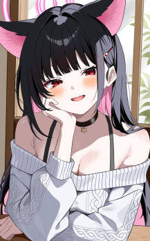 1girl alternate_costume alternate_hairstyle animal_ears arm_rest bare_shoulders black_choker black_hair blue_archive blush bra_strap breasts cat_choker cat_ears cat_girl choker cleavage colored_inner_animal_ears colored_inner_hair commentary extra_ears hair_ornament hairclip hakusimi_8943 halo hand_on_own_cheek hand_on_own_face head_rest highres indoors kazusa_(blue_archive) long_hair looking_at_viewer multicolored_hair off-shoulder_sweater off_shoulder open_mouth pink_hair pink_halo red_eyes solo sweater two-tone_hair white_sweater