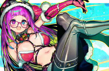 1girl :d bikini black_thighhighs blue_background blue_eyes breasts christmas commentary_request elbow_gloves glasses gloves hat heterochromia large_breasts long_hair looking_at_viewer navel onono_imoko open_mouth original pink-framed_eyewear pink_eyes pink_hair red_bikini red_gloves red_hat santa_hat smile solo swimsuit thighhighs