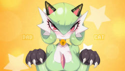 1girl animal_ears animal_hands animated averting_eyes bell black_gloves blush bob_cut bouncing_breasts breasts cat_ears choker claws collarbone colored_skin drunkoak english_text fake_animal_ears gardevoir gen_3_pokemon genderswap genderswap_(mtf) gloves green_choker green_hair green_skin hair_between_eyes hands_up happy jingle_bell large_breasts live2d looking_at_viewer looking_to_the_side lowres meme multicolored_skin neck_bell nintendo open_mouth paw_gloves pokemon pokemon_(creature) red_eyes sad_cat_dance_(meme) shiny_skin short_hair smile solo star_(symbol) star_symbol_background two-tone_skin video white_skin yellow_background
