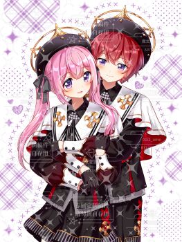 1boy 1girl :d black_gloves black_jacket black_shorts black_skirt blush closed_mouth cowboy_shot gloves hat highres hug hug_from_behind jacket long_hair long_sleeves monu_xialuote open_mouth original pink_hair purple_eyes red_hair short_hair shorts skirt smile twintails watermark white_hat