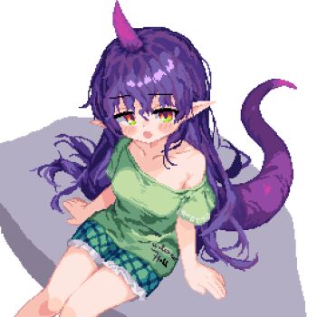1girl 999_(hansode) alternate_eye_color arms_at_sides blush_stickers collarbone feet_out_of_frame green_eyes green_shirt green_shorts horns looking_at_viewer multicolored_eyes off_shoulder open_mouth pixel_art pointy_ears purple_hair purple_horns red_eyes shirt short_sleeves shorts simple_background single_bare_shoulder single_horn sitting solo tenkajin_chiyari touhou white_background