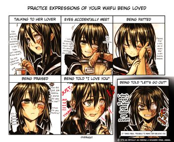 1girl @_@ anger_vein blind blush brown_eyes brown_hair burn_scar chart eyepatch grey_eyes hard-translated heavy_breathing karahara_shima kotoba_noriaki mcdonald's original scar scar_across_eye scar_on_face third-party_edit translated