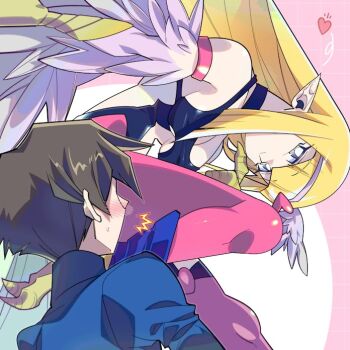 Rule 34 | 1boy, 1girl, black leotard, blonde hair, blue eyes, blue jacket, blush, breasts, brown hair, clothing cutout, commentary request, commission, duel monster, feathered wings, harpie girl (yu-gi-oh!), harpy, heart, jacket, leotard, looking at viewer, medium breasts, misaka (missa), monster girl, pantyhose, pink pantyhose, pointy ears, revealing clothes, skeb commission, stomach cutout, talons, winged arms, wings, yu-gi-oh!