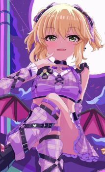 1girl alternate_costume alternate_hairstyle black_choker child choker commentary_request crossed_legs dakku_(nira597) demon_horns fake_tail fang full_moon green_eyes highres horns idolmaster idolmaster_cinderella_girls idolmaster_cinderella_girls_u149 long_hair looking_at_viewer moon night open_mouth sakurai_momoka sitting sleeveless tail