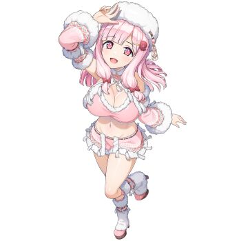 1girl arm_at_side arm_up bikini breasts cleavage crosshair crosshair_pupils detached_sleeves dolphin_wave full_body fur-trimmed_bikini fur-trimmed_sleeves fur_trim game_cg groin hair_ornament hairclip high_heels highres large_breasts long_hair looking_at_viewer low-tied_sidelocks midriff nacht_(dolphin_wave) navel non-web_source octopus_hair_ornament official_art ootomo_takuji pink_bikini pink_eyes pink_hair santa_bikini santa_costume sidelocks solo standing standing_on_one_leg swimsuit transparent_background winter_clothes