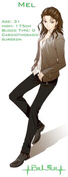 1girl black_eyes black_pants black_shoes breasts brown_hair character_age character_name character_profile closed_mouth commentary copyright_name earrings english_commentary english_text full_body height highres hoop_earrings jacket jewelry long_hair long_sleeves mel_sievers_(pulse) official_art open_clothes open_jacket pants pulse_(ratana_satis) ratana_satis second-party_source shirt shoes simple_background solo white_background white_shirt