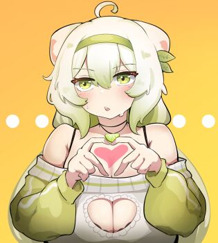 ... absurdres ahoge animal_ears bare_shoulders blush bra breasts cleavage_cutout clothing_cutout embarrassed ferret ferret_ears ferret_girl food fruit green_eyes hairband heart heart_hands highres indie_virtual_youtuber jewelry laimu_(vtuber) laimu_(cozy)_(vtuber) large_breasts lime_(fruit) lime_slice long_hair looking_past_viewer necklace sae_art simple_background sweatdrop sweater twintails underwear upper_body vinesauce virtual_youtuber yellow_background