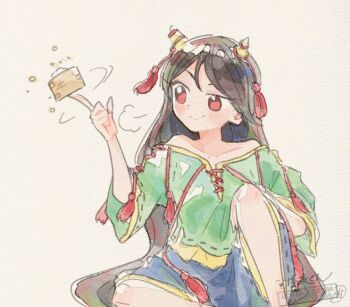 Rule 34 | 1girl, bare shoulders, blue shorts, blush, brown hair, closed mouth, collarbone, commentary request, cone horns, green shirt, horn ornament, horn ribbon, horns, itomugi-kun, long hair, masu, nippaku zanmu, puff of air, red eyes, ribbon, ribbon-trimmed sleeves, ribbon trim, shirt, shorts, sitting, smile, solo, touhou, very long hair, yellow horns