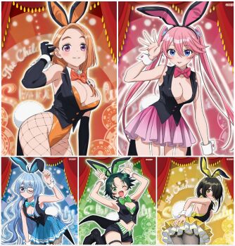 5girls absurdres animal_ears black_hair black_jacket black_leotard black_shorts blue_eyes blue_hair blue_skirt breasts brown_hair brown_pantyhose cleavage cropped_jacket curvy fake_animal_ears garter_straps green_eyes highres jacket large_breasts layered_skirt leotard long_hair looking_at_viewer medium_hair multiple_girls navel no_bra official_art orange_hair orange_leotard pantyhose pink_hair pink_skirt playboy_bunny pleated_skirt rabbit_ears rabbit_tail red_eyes shiunji-ke_no_kodomotachi shiunji_banri shiunji_kotono shiunji_minami shiunji_ouka shiunji_seiha short_hair shorts siblings sisters skirt smile stomach thick_thighs thighs twintails white_garter_straps wide_hips wrist_cuffs yellow_eyes