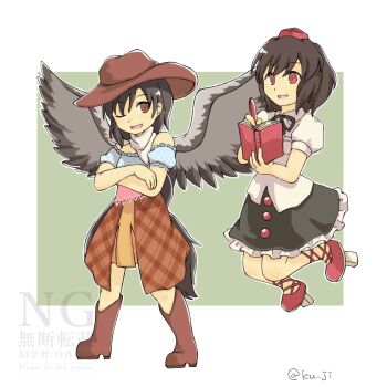 Rule 34 | 2girls, black hair, black skirt, book, boots, brown boots, brown hat, commentary request, cowboy hat, crossed arms, feathered wings, geta, hat, highres, holding, holding book, kannazuki (ku ji), kurokoma saki, looking at another, multiple girls, one eye closed, pen, red eyes, red hat, shameimaru aya, shirt, short hair, skirt, smile, tokin hat, touhou, watermark, white shirt, wings