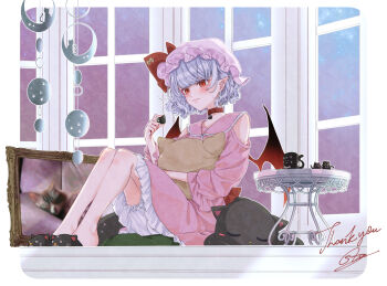 1girl animal_slippers back_bow bare_shoulders bloomers blue_hair blush bow cat cat-shaped_pillow cat_pin cat_slippers collar commentary_request commission cup demon_wings earrings hat hat_bow highres jewelry knee_blush knees knees_up light_smile lips long_sleeves mob_cap mug nyan petticoat photo_(object) picture_frame pink_hat pink_shirt pink_skirt pointy_ears red_bow red_collar red_eyes red_wings remilia_scarlet shirt short_hair signature sitting skeb_commission skirt sky slippers slit_pupils solo souta_(karasu_no_ouchi) star_(sky) starry_sky stuffed_animal stuffed_cat stuffed_toy table thank_you touhou underwear window wings
