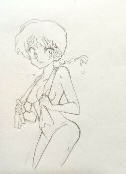 1girl 4ptxq braid braided_ponytail commentary covered_erect_nipples highres holding holding_towel nude ranma-chan ranma_1/2 smile symbol-only_commentary towel towel_around_neck traditional_media wet wet_hair