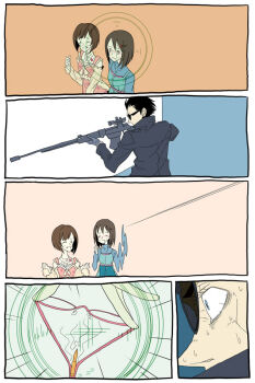 10s 1boy 2girls 4koma :d bad_id bad_pixiv_id brown_eyes brown_hair catching_bullet character_request comic artistic_error glasses gloves gun idolmaster idolmaster_cinderella_girls kamijo_haruna long_coat maekawa_miku multiple_girls open_mouth rifle rokuno scope short_hair smile sniper sniper_rifle sunglasses surprised weapon