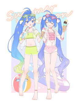 2girls :o :p ^_^ ahoge anklet ball bare_legs barefoot beachball bikini bikini_shorts blue_background blue_eyes blue_hair border bow closed_eyes closed_mouth collarbone commentary_request cup disposable_cup double-parted_bangs drawstring drinking_straw dual_persona english_text eyewear_on_head facial_mark facing_another fang flat_chest food frilled_bikini frills full_body gradient_background green-framed_eyewear green-tinted_eyewear green_bikini hair_behind_ear hair_between_eyes hair_bow hand_on_another&#039;s_hand hand_up heart heart-shaped_eyewear high_ponytail highres holding holding_cup holding_food holding_ice_cream_cone hood hood_down hooded_jacket huge_ahoge ice_cream ice_cream_cone innertube jacket jewelry knees_together_feet_apart long_hair looking_at_another multiple_girls musical_note navel open_clothes open_jacket open_mouth otomachi_una otomachi_una_(spicy) otomachi_una_(sugar) outline outside_border pink-framed_eyewear pink-tinted_eyewear pink_background pink_bikini ponytail see-through_clothes see-through_jacket short-sleeved_jacket short_sleeves shorts side-tie_bikini_bottom simple_background standing standing_on_one_leg star-shaped_eyewear star_(symbol) stomach suiso_sn3 sunglasses swim_ring swimsuit three-quarter_sleeves tinted_eyewear toes tongue tongue_out twintails very_long_hair vocaloid white_border white_bow white_outline