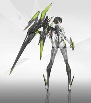 1girl absurdres arms_at_sides ass black_hair bodysuit commentary_request cyberpunk cyborg from_behind full_body green_eyes grey_bodysuit high_heels highres joints looking_at_viewer looking_back mechanical_spine mechanical_wings original reflection robot_joints science_fiction short_hair single_wing skin_tight solo standing very_short_hair wings world_(1257843324)