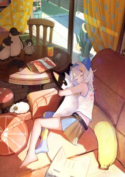 absurdres barefoot blue_hairband blue_skirt brown_skirt chips_(food) closed_eyes commentary_request commission controller couch day food game_controller hair_ornament hairband hairclip highres hugging_doll hugging_object indie_virtual_youtuber indoors lying medium_hair on_couch on_side overskirt pixiv_commission rei_(farta_litia) shirt single_thighhigh skirt sleeping smile stuffed_animal stuffed_toy sunlight table tank_top thighhighs virtual_youtuber white_hair white_shirt