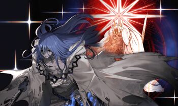 1boy azrael_(sword)_(fate) bags_under_eyes black_eyes blue_hair colored_skin dark-skinned_male dark_skin fate/grand_order fate_(series) grey_skin hair_between_eyes hair_ornament highres holding holding_weapon hooded_robe jewelry key_visual long_hair male_focus necklace official_art pectorals promotional_art robe scar scar_on_chest scar_on_face second-party_source solo torn_clothes torn_robe upper_body weapon white_robe