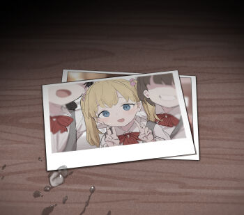 3girls black_hair blonde_hair blue_eyes bow brown_hair cum faceless faceless_female group_picture healthyman highres long_hair looking_at_viewer multiple_girls open_mouth original photo_(object) red_bow school_uniform shirt smile standing twintails white_shirt
