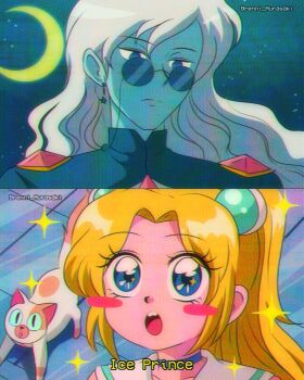 1990s_(style) 2girls adventure_time adventure_time:_fionna_and_cake animification bishoujo_senshi_sailor_moon blonde_hair blue_shirt blue_skin brenni_murasaki cake_the_cat clip_studio_paint_(medium) colored_skin fionna_campbell highres. ice_prince_(adventure_time) long_hair looking_at_viewer multiple_girls parody parody_request retro_artstyle round_eyewear shirt short_hair simple_background