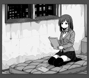 1girl blazer border box cardboard_box closed_mouth collared_shirt full_body greyscale hamsterfragment holding holding_paper indoors jacket jaggy_lines lapels long_sleeves lowres mattress medium_hair miniskirt monochrome neck_ribbon night no_shoes notched_lapels original over-kneehighs paper pleated_skirt reading ribbon school_uniform seiza shirt sitting skirt solo split_mouth shinohata_sachie_(hamsterfragment) thighhighs window zettai_ryouiki