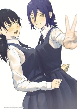 2girls black_hair chainsaw_man collared_shirt commentary_request dress fourth_east_high_school_uniform highres illust_aqua long_hair looking_at_viewer low_twintails mitaka_asa multiple_girls neck_ribbon open_mouth pinafore_dress reze_(chainsaw_man) ribbon school_uniform shirt simple_background sleeveless sleeveless_dress twintails white_shirt yuri