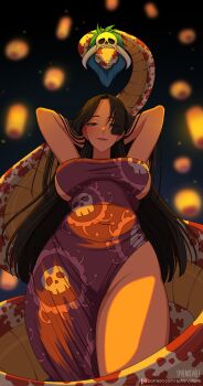 1girl blue_eyes boa_hancock breasts dress from_below highres huge_breasts long_hair night no_panties one_piece purple_dress smile snake solo sphenodaile thighs very_long_hair