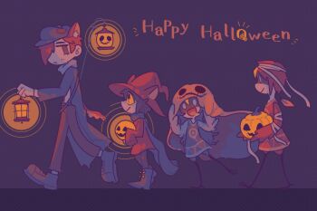 Rule 34 | 1girl, 1other, 2boys, 8osakana san8, :d, animal ears, beak, bird boy, bird girl, blue scarf, boots, coat, colored sclera, fox boy, fox ears, fox tail, from side, full body, ghost costume, grin, happy halloween, highres, holding, holding lantern, lamplighter (oneshot), lantern, looking at another, looking back, mask, multiple boys, mummy costume, oneshot (game), open mouth, orange sclera, oversized sweater, pumpkin, purple hair, red hair, scarf, short hair, smile, tail, torn clothes, torn coat, walking