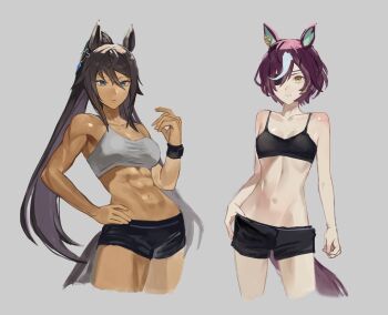 Rule 34 | 2girls, 8 utauyo, abs, animal ears, black shorts, black sports bra, blue eyes, breasts, brown hair, closed mouth, collarbone, colored inner animal ears, commentary request, cropped torso, dark-skinned female, dark skin, ear ornament, earrings, eyepatch, grey background, grey sports bra, hair between eyes, hand on own hip, highres, horse ears, horse girl, horse tail, jewelry, korean commentary, long hair, looking at viewer, medium breasts, multicolored hair, multiple girls, navel, ponytail, purple hair, short hair, shorts, single earring, small breasts, sports bra, stomach, streaked hair, symboli kris s (umamusume), tail, tanino gimlet (umamusume), toned, toned female, umamusume, very long hair, white hair, yellow eyes