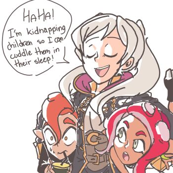 1boy 2girls carrying carrying_person closed_eyes davewaterfalls female_robin_(fire_emblem) fire_emblem fire_emblem_awakening multiple_girls nintendo octoling robe simple_background speech_bubble splatoon_(series) sweat tentacle_hair twintails white_hair yellow_eyes